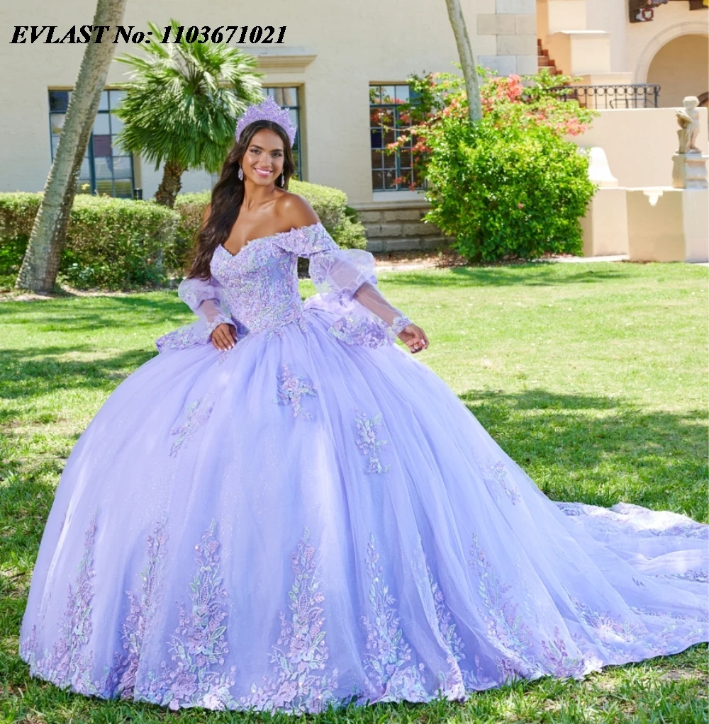 

EVLAST Customized Lilac Quinceanera Dress Ball Gown Lace Applique Beading With Cape Bow Tiered Corset Vestidos De XV Anos SQ315