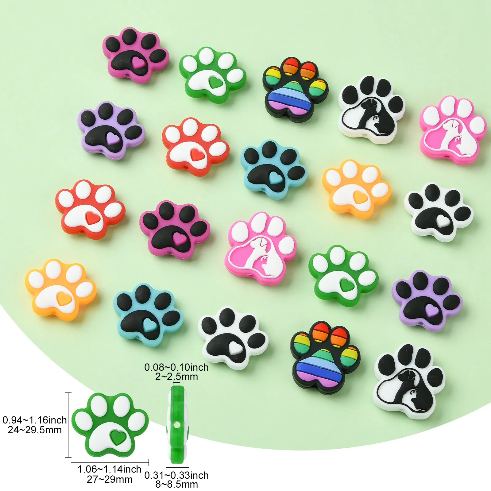 Pandahall 20Pcs Mixed Styles Silicone Animal Beads Colorful Dog Paw Bubblegum Beads Soft Pet Foot Print Beads for Jewelry Making