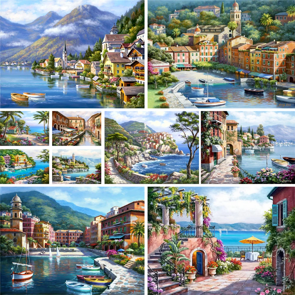 Landscape Seaside Town DIY Painting By Numbers Set Acrylic Paints 50*70 Painting On Canvas Wall Paintings For Adults For Drawing