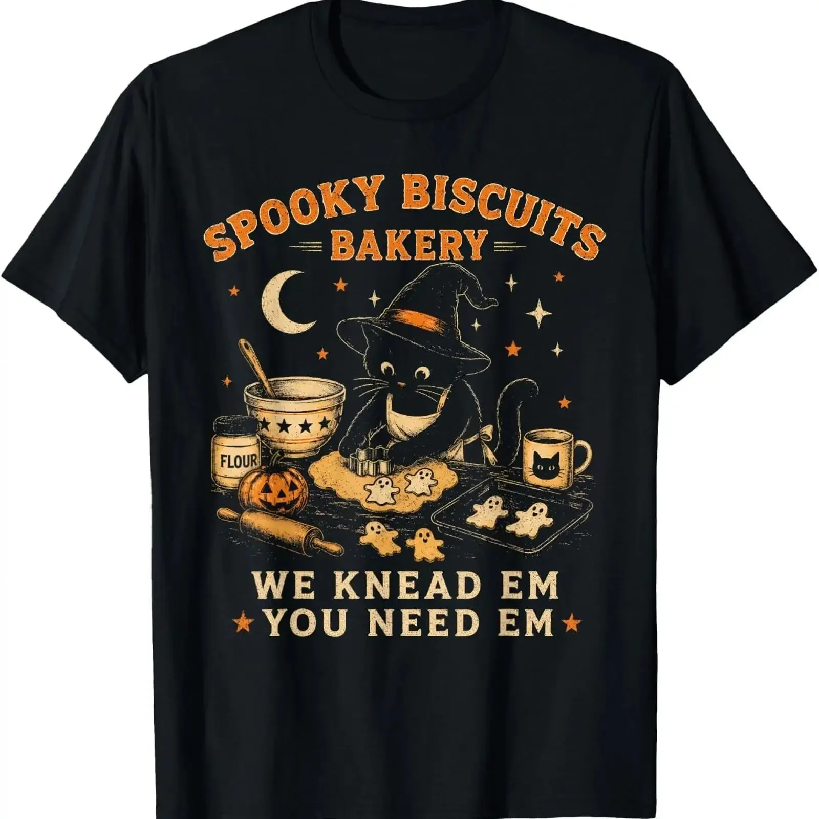 Spooky Biscuits Bakery Funny Black Cat Halloween Pumpkin T Shirt vintage Washed graphic Stretched Soft homme streetwear fashion