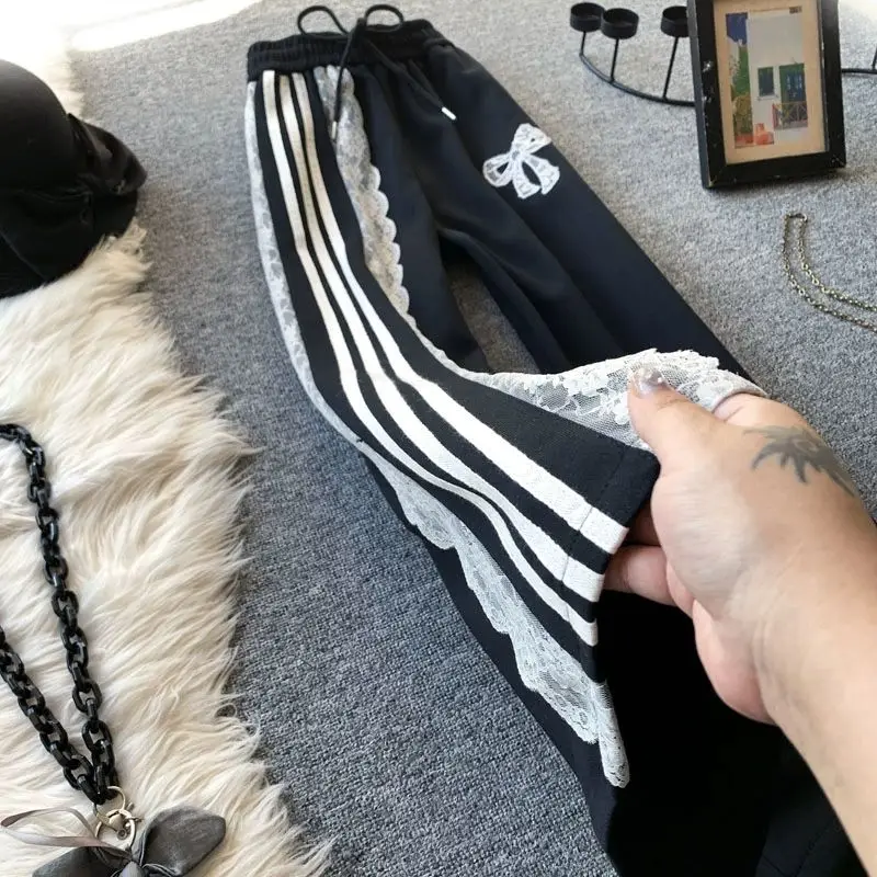 Sports Pants for Women in Spring, Retro High Waisted Lace Patchwork Striped Straight Leg Casual Pants, Black Wide Leg Pants
