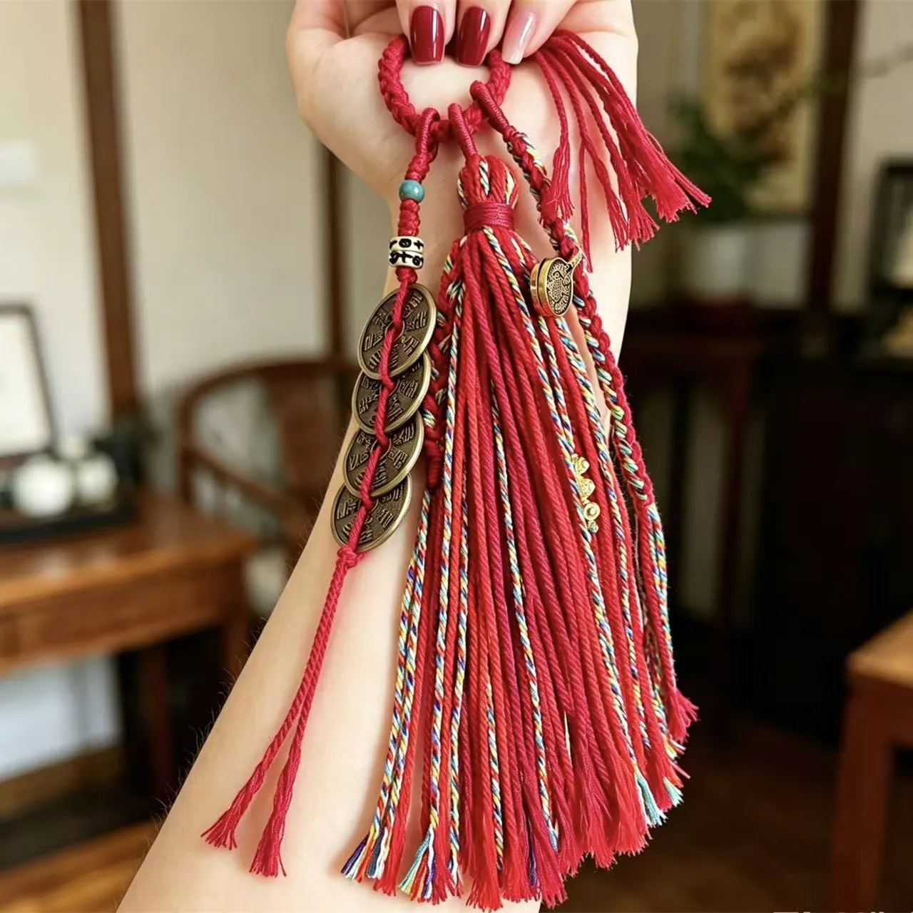 Tibetische Quaste mit Kupfermünzen und Perlen, Vajra-Stößel-Anhänger, gewebtes Lanyard, DIY-Schlüsselanhänger, Handyriemen, Taschen- und Auto-Hängeaccessoire – Detail 24