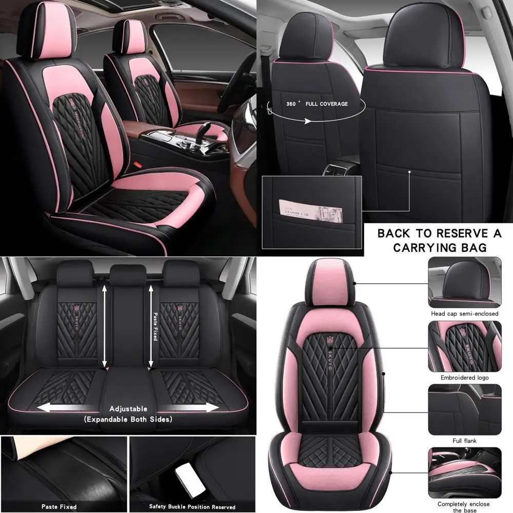 

Удобные кожаные чехлы на автомобильные сиденья, защита передних и задних сидений, подходит для седана, внедорожника, 5, полный комплект, универсальная посадка. (Черный и розовый