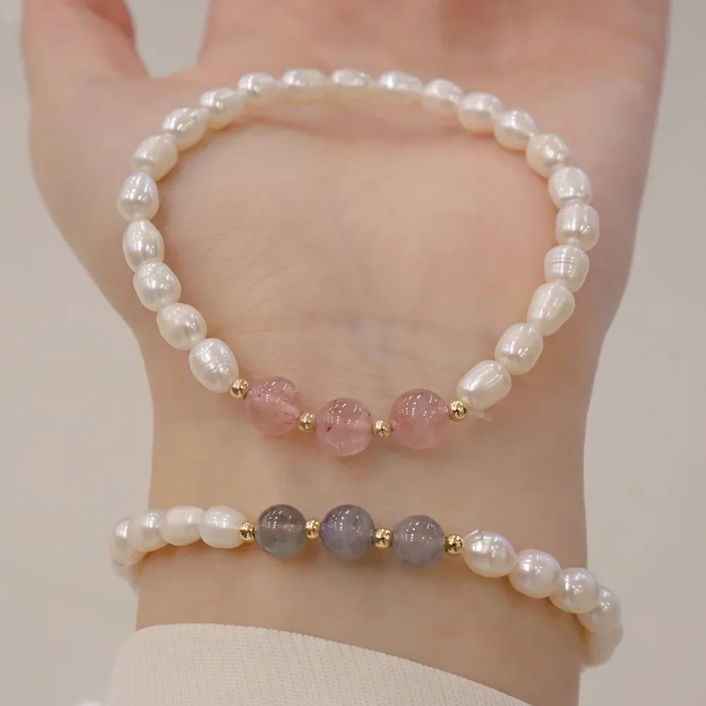 YWYC 6-7mm Rice Shape Freshwater Pearl Bracelet for Women 19.5cm/7.68inch Moonstone Crystal Bracelet Christmas New Year Gifts