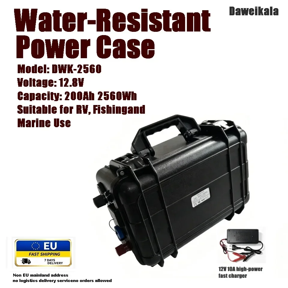 DAWEIKALAPortable Water-Resistant Power Case DWK-2560, 12,8V 200Ah 2560Wh wiederaufladbare Powerstation, ausgestattet mit 12V 10A Schnellladegerät, für Wohnmobile, Angeln, Marine- und