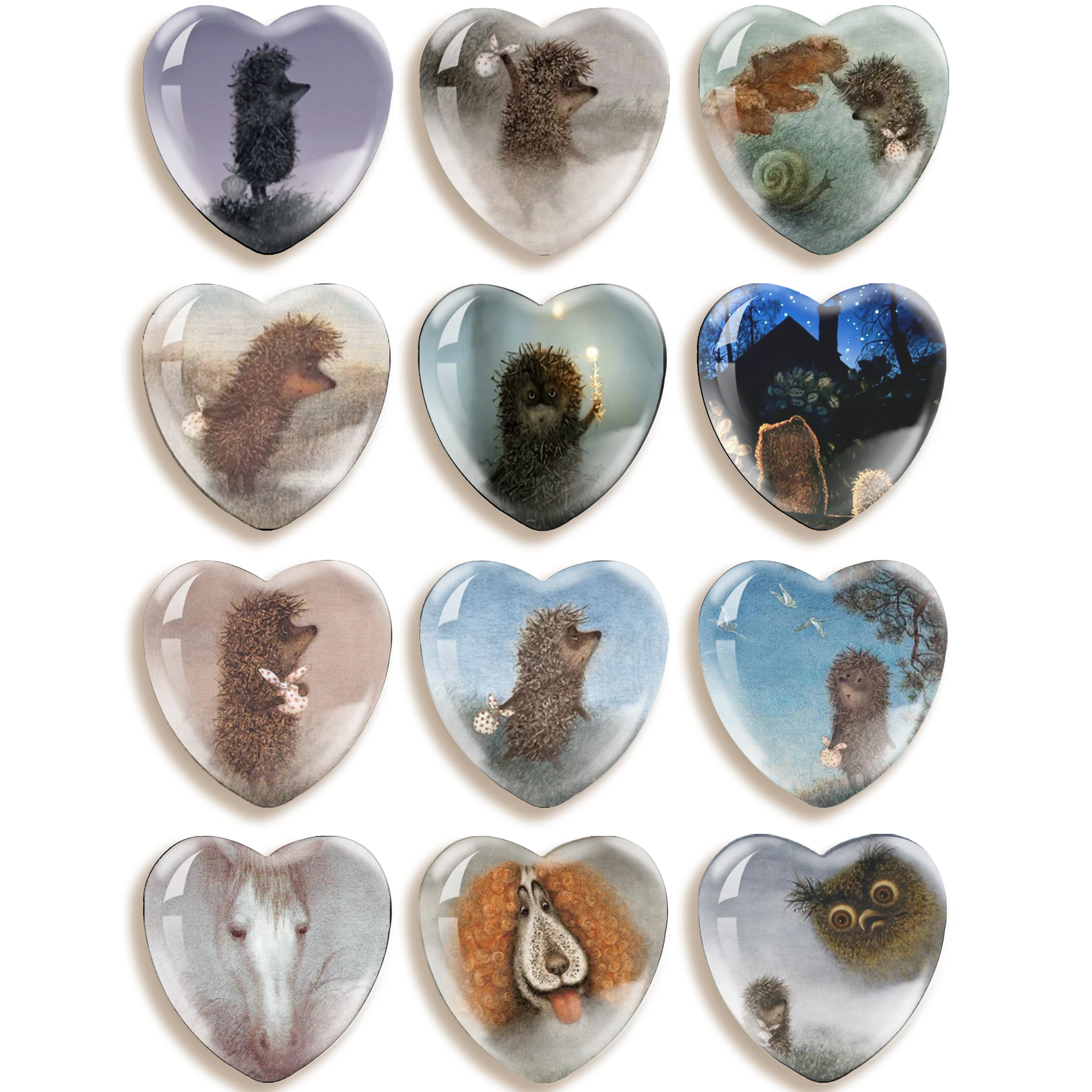 Little Hedgehog In The Fog Cute Animal 16mm-30mm Heart Photo Glass Cabochon Demo Flat Back Making Wholesale 12pcs/set