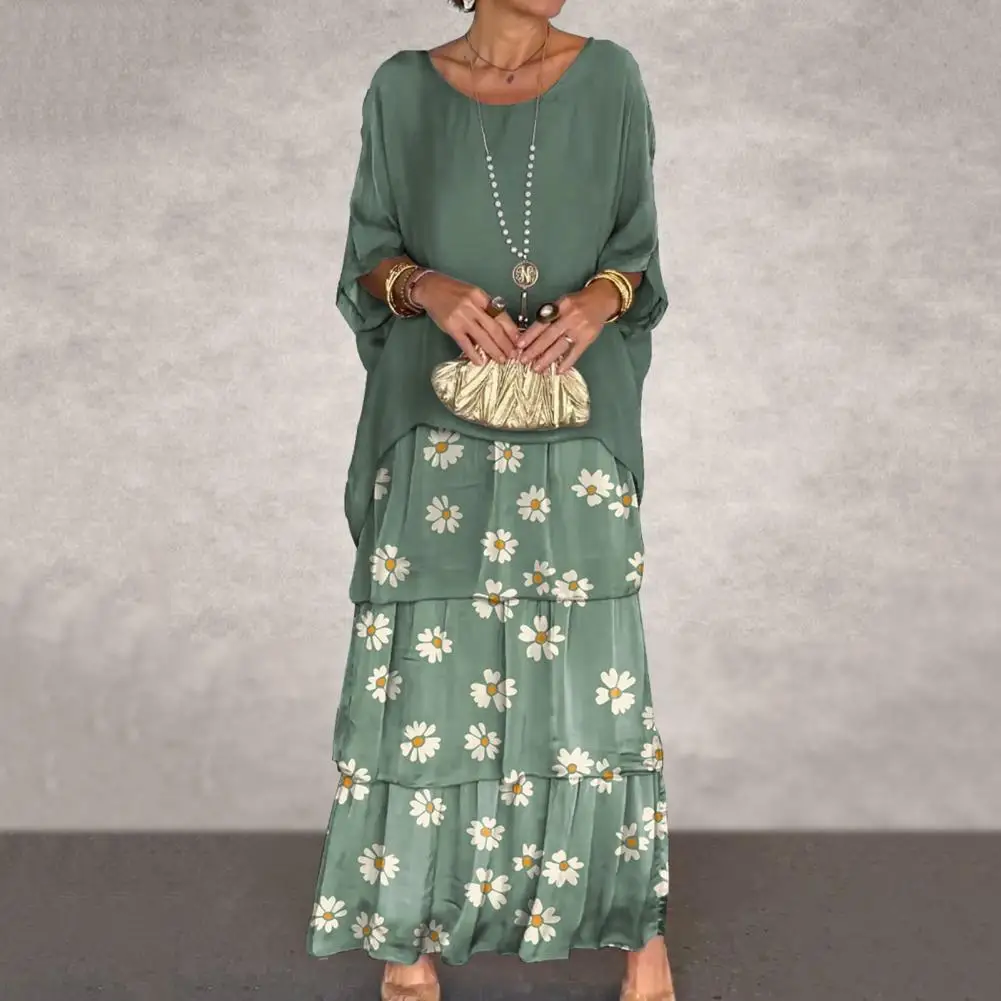 เดรสยาวผ้าชีฟองโบโฮสำหรับผู้หญิง Sablon Bunga หรูหราสำหรับ2024ฤดูใบไม้ผลิคอกลมชุดกระโปรงเค้กแขนค้างคาวครึ่งชุดกระโปรงสวมหัว