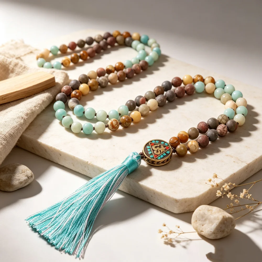 Natural Stone Mala Bead Necklace with Life Tree Wrapped Moon Pendant Amethyst & Tiger Eye Tassel Jewelry Trendy Hot Selling Item
