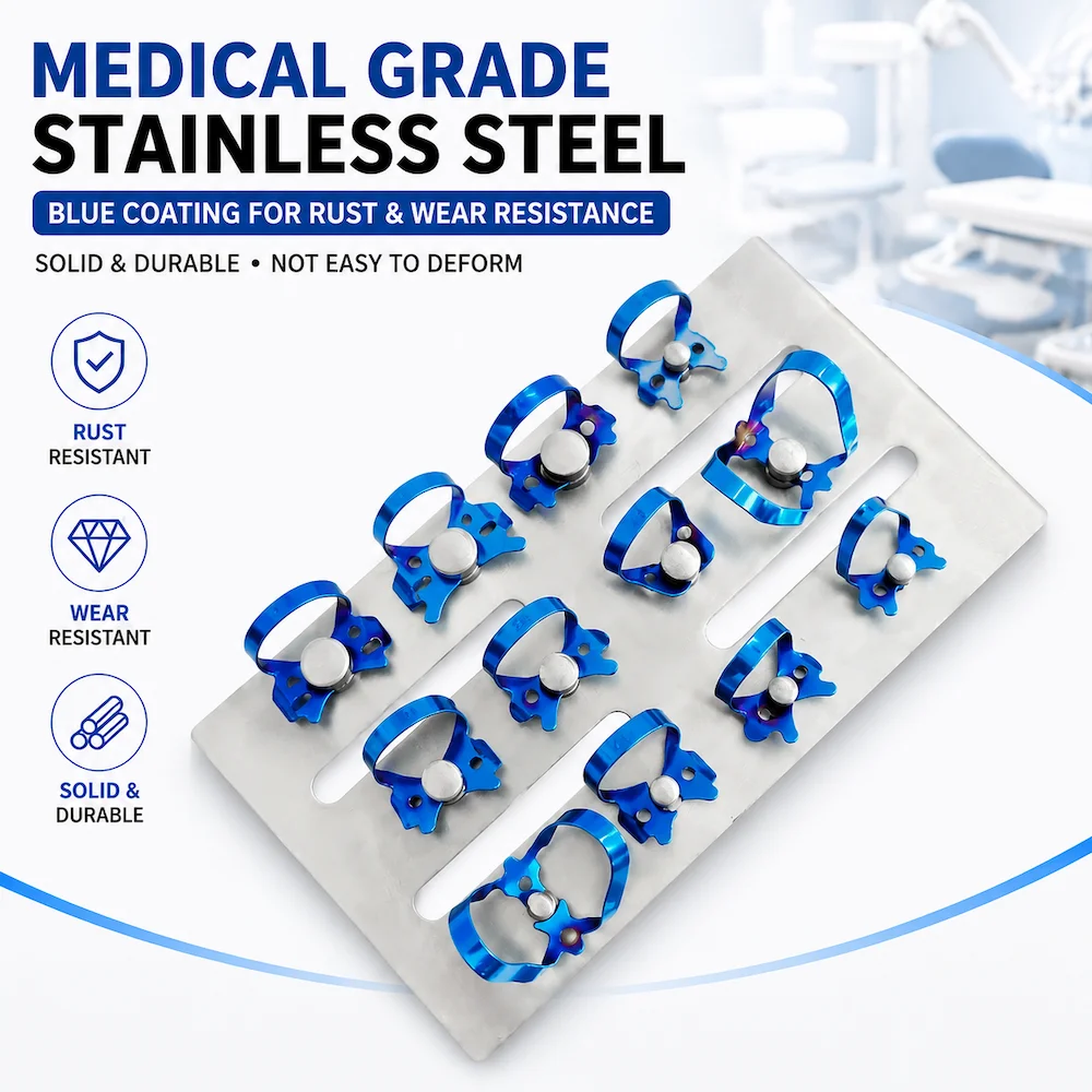 Premium Rubber Dam Clamps Holder Set, Stainless Steel Blue Coated Clips, Autoclavable Reusable Endodontic Instruments