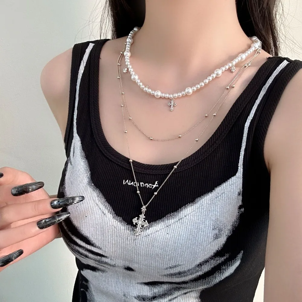 Luxury Multi-Layer Pearl Micro-inlay Zircon Cross Pendant Layered Necklace for Women Y2K Stackable Versatile Subculture Jewelry