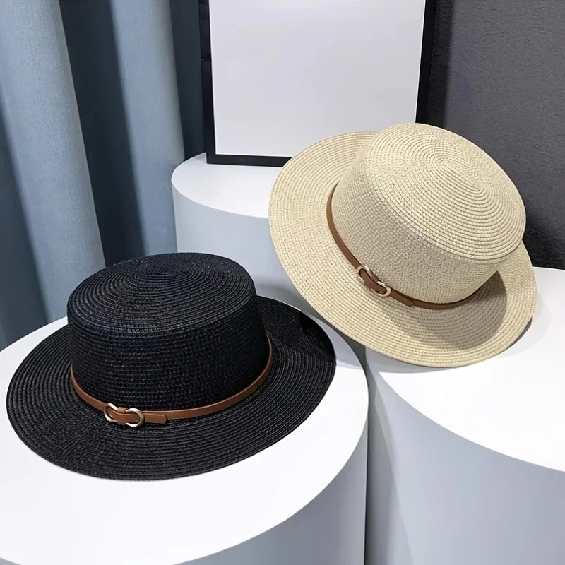 Leichter Panama-Strohhut für Damen – lässige Sommer-Strand-Sonnenkappe mit flacher Krempe, Optionen in Schwarz und Beige, handwaschbar