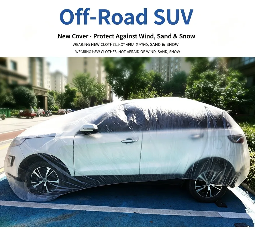 Universal Disposable PE Transparent Car Cover Dustproof Windproof Drawstring Car Body Cover For Sedan SUV Van Vehicle Protector