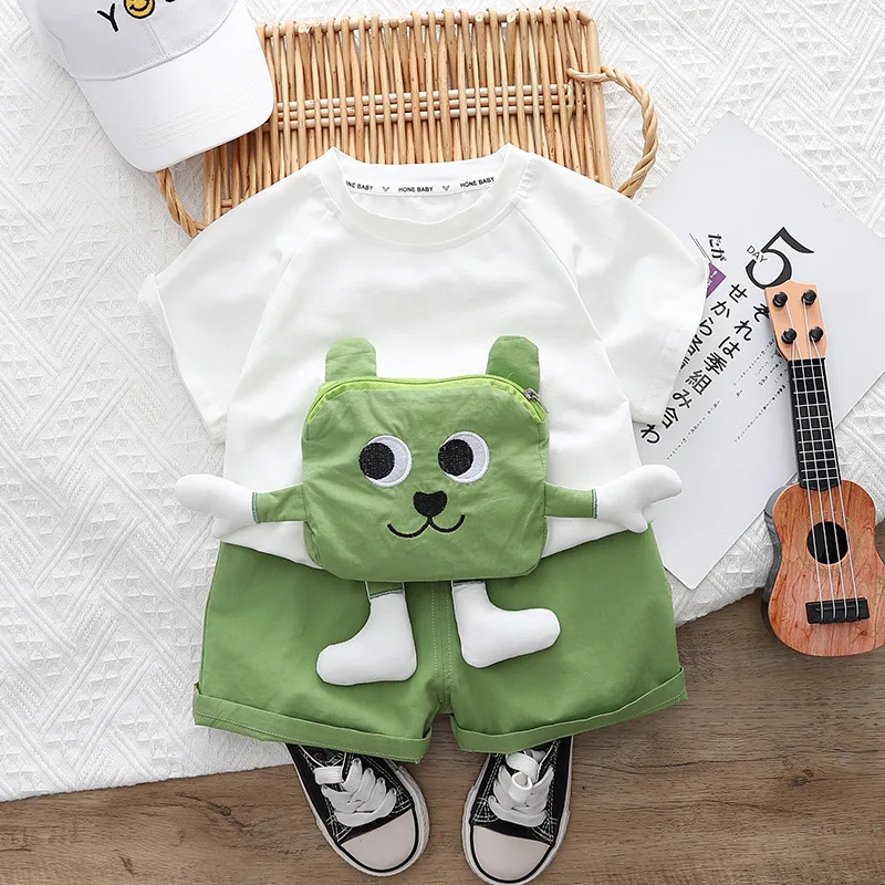 New Children\'s Designer Short Sleeve Pocket Cartoon T-shirt Shorts 2PCS Cute Set Summer Baby Boys and Girls Casual Sport Clothes