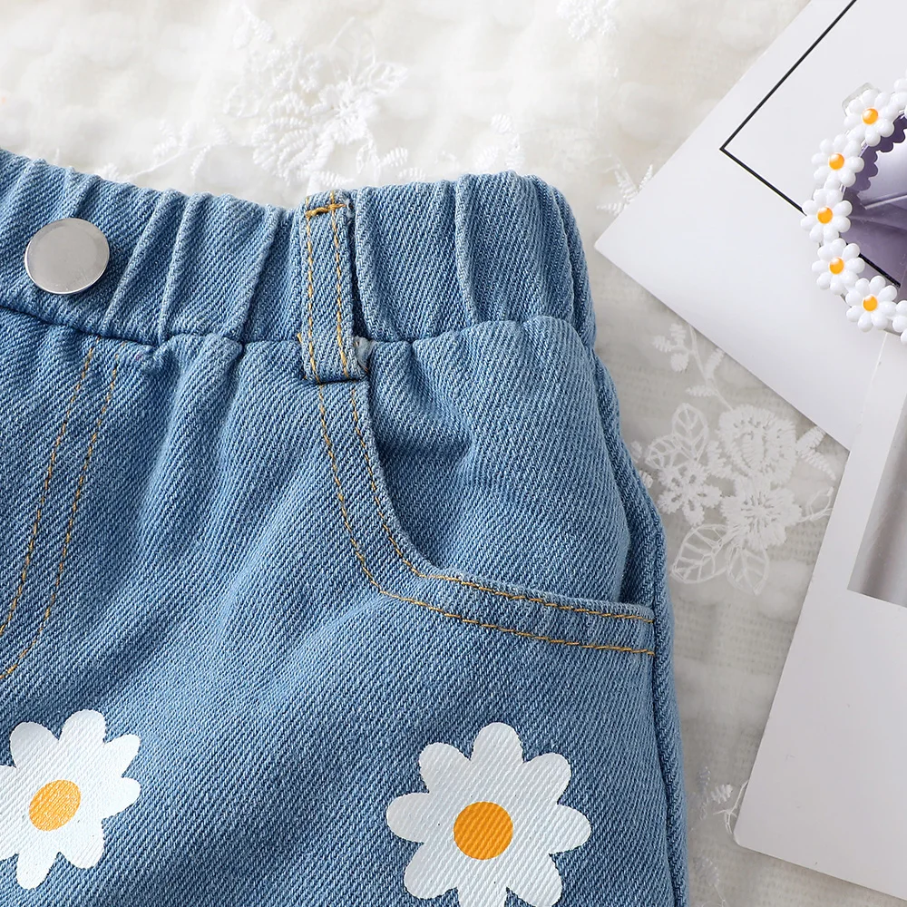 4-7 Ages Kid Girl Fashion&Leisure Daisy Denim Shorts Blue Elastic Waistband Korean Style Shorts for Children Summer Outdoor Wear