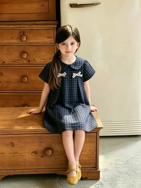 Korean children's clothing girls retro plaid dress 2026 spring new fragrant princess dress