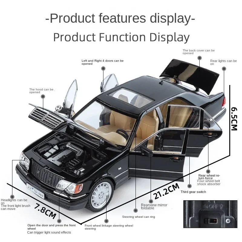 Diecast 1/24 Benzs Vintage W140 320SEL Alloy Car Model Simulation Toy Vehicle Sound Light Boy Car Toy Gift Collective Miniature