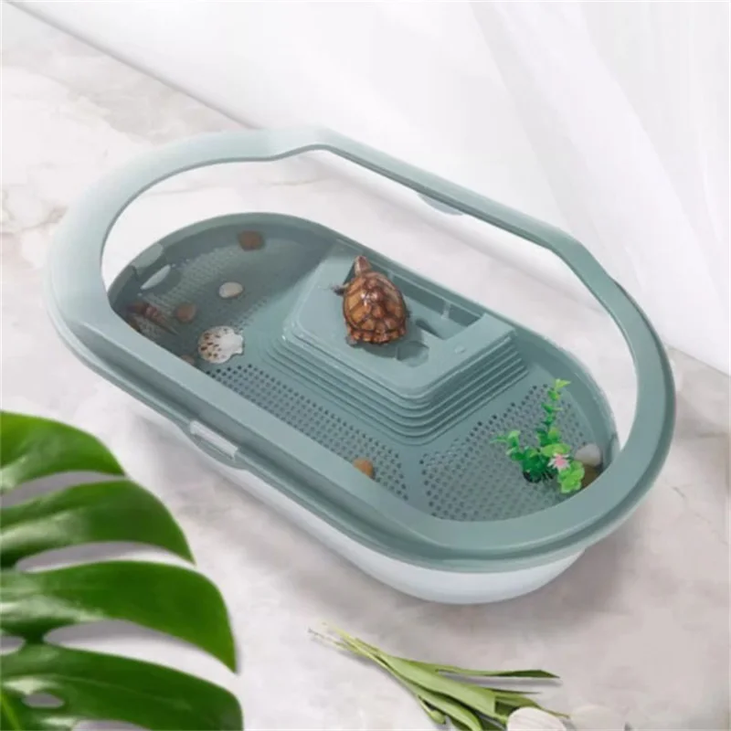 

Small Size Aquatic Turtle Tank Aquarium Bottom Drainage Basking Stage Clear Lid Area Habitat Breeding Box For Hermit Gecko