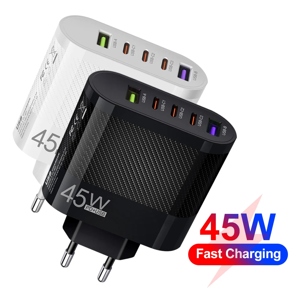 Cargador de carga rápida USB de 45W y 5 puertos, fuente de alimentación USB C, cargador de teléfono móvil, adaptador PD tipo C para iPhone, Xiaomi, Samsung, Huawei