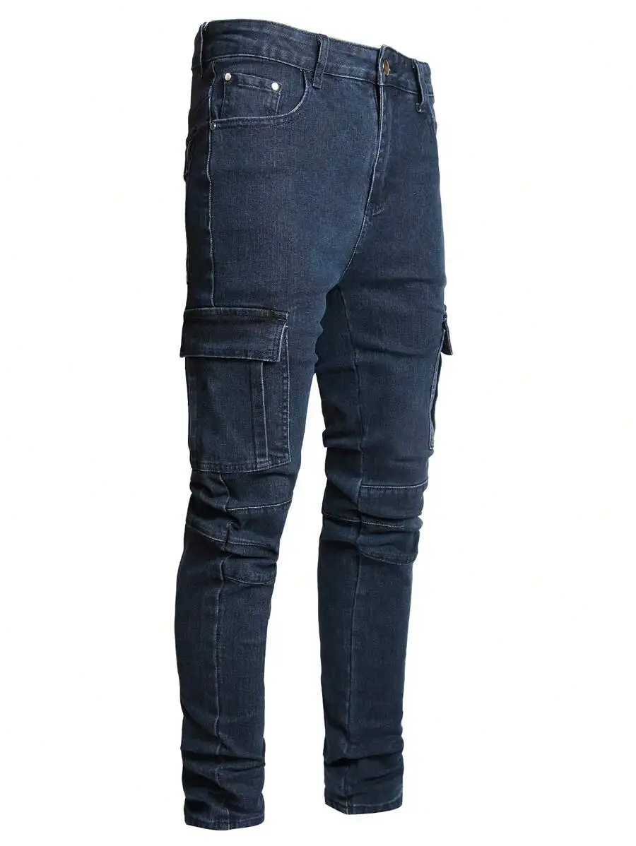 

Mens Slim Fit Stretch Cargo Jeans Straight Leg Casual Pants Dark Blue