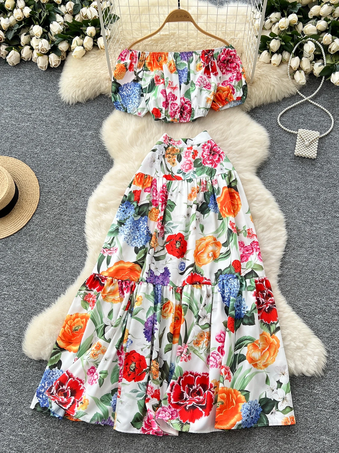 

French Vintage Print Floral Casual Two Piece Set for Women Summer Crop Top and High Waist Long Skirt 2 Piece Sets Skirts Outfit