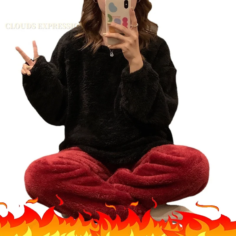 Zimowy polar termiczny solidne damskie zestawy piżam piżamy ciepłe pluszowe Pjs Loung bielizna nocna dziewczęce Pijama Mujer kostiumy nocne Homewear