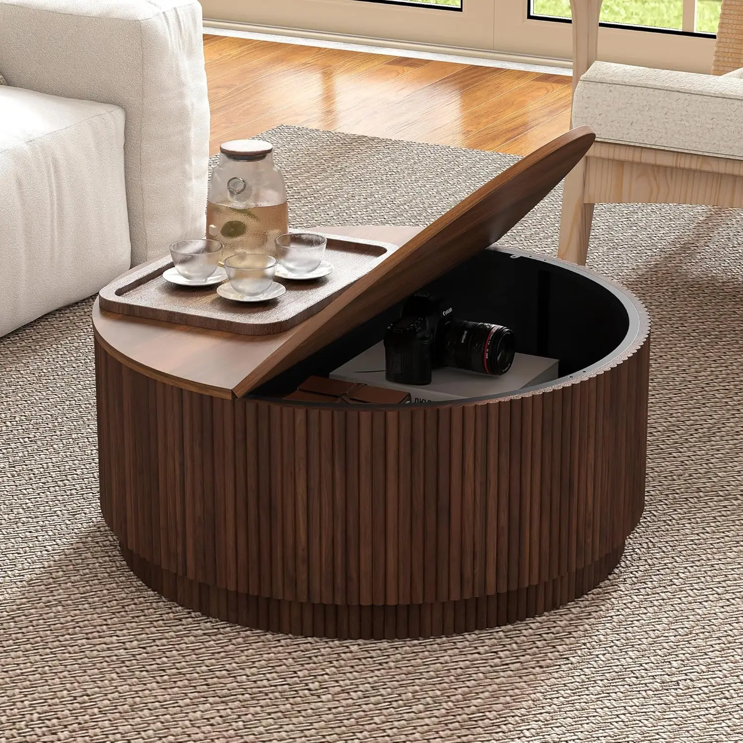 

31.5" Round Coffee Table Storage Mid Century Fluted Base Wood Accent Living Room Small Space Office Walnut, Customized