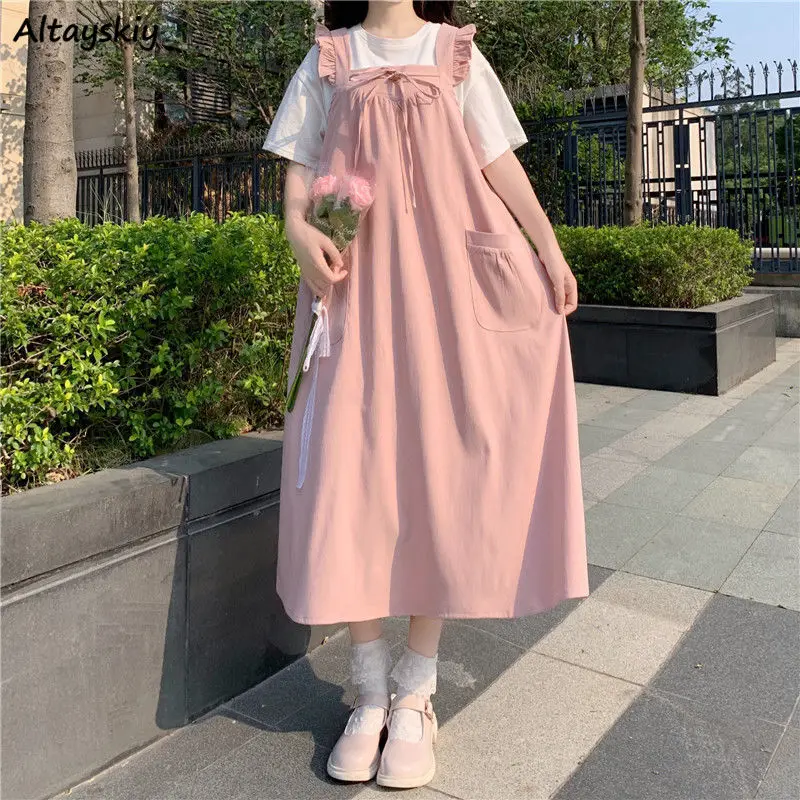 

Women Sets T-shirts Mid-calf Dresses Bandage Edible Tree Fungus Kawaii Design Classic Retro Ulzzang Fairy Holiday Chic Ins Mujer