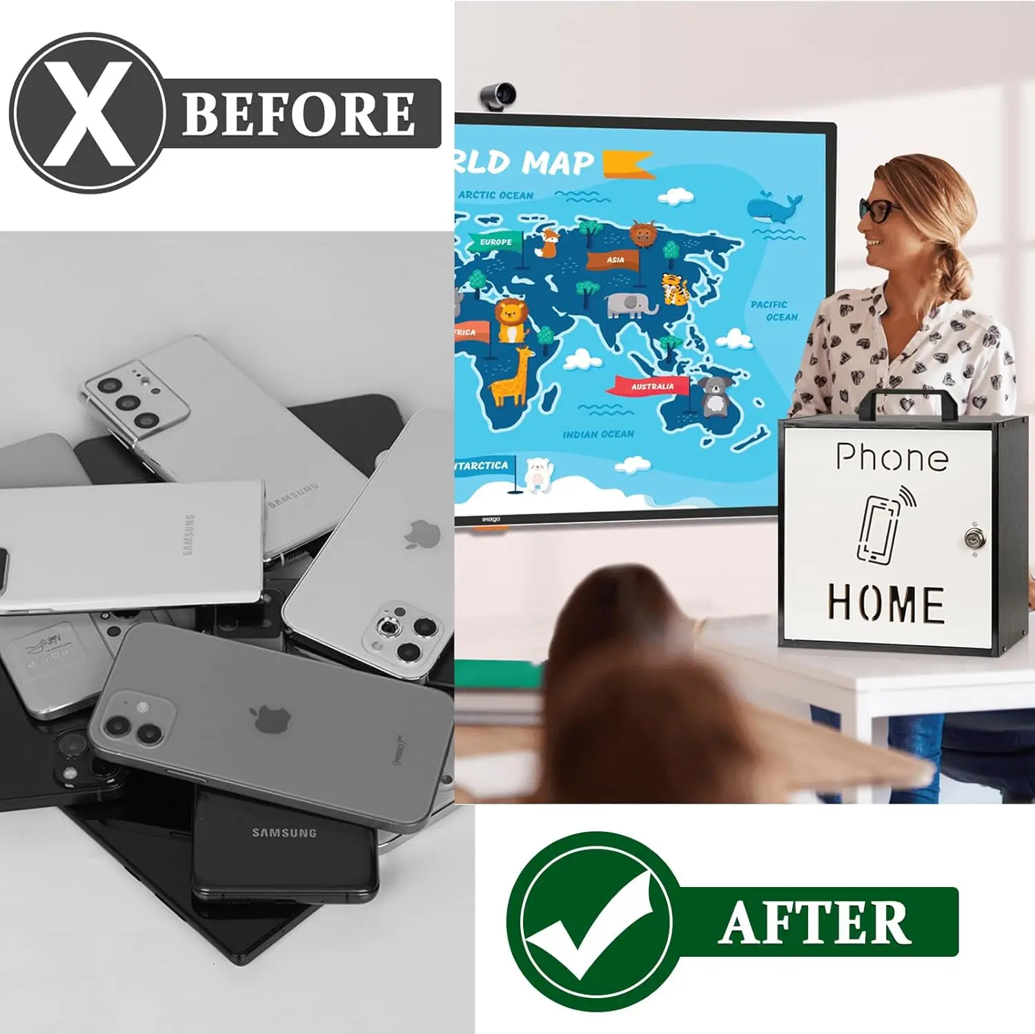 Adjustable Wooden Cell Phone Storage Cabinet with Lock, 33 Slots, Handle for Classroom Office Use