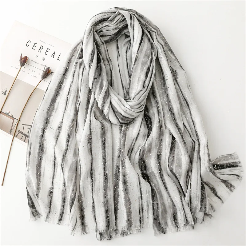 2024 Spain Ombre Striped Line Glitter Viscose Shawls Scarf Lady High Quality Wrap Pashmina Stole Bufandas Muslim Hijab 180*90Cm