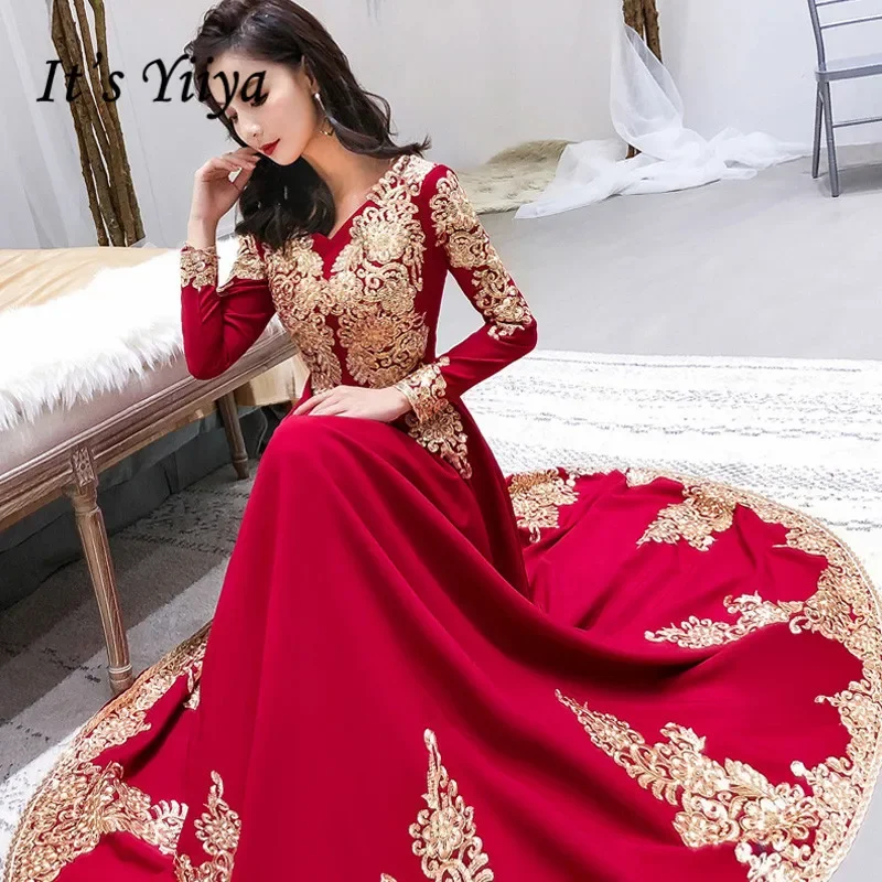 Evening Dress Burgundy Jersey Gold Embroidery Robe De Soiree V-neck Full Sleeves A-line Floor-length Plus size Party Formal Gown