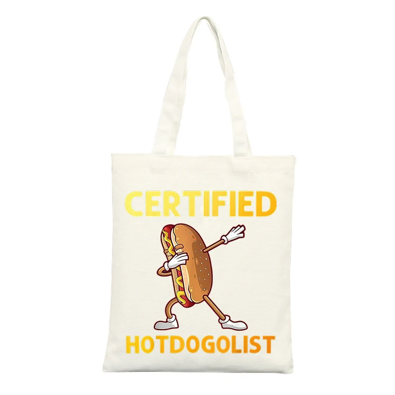 Canvas Tote Bag with Hotdog Graphic and Letter Print, Casual Style for Daily Shopping and Outings