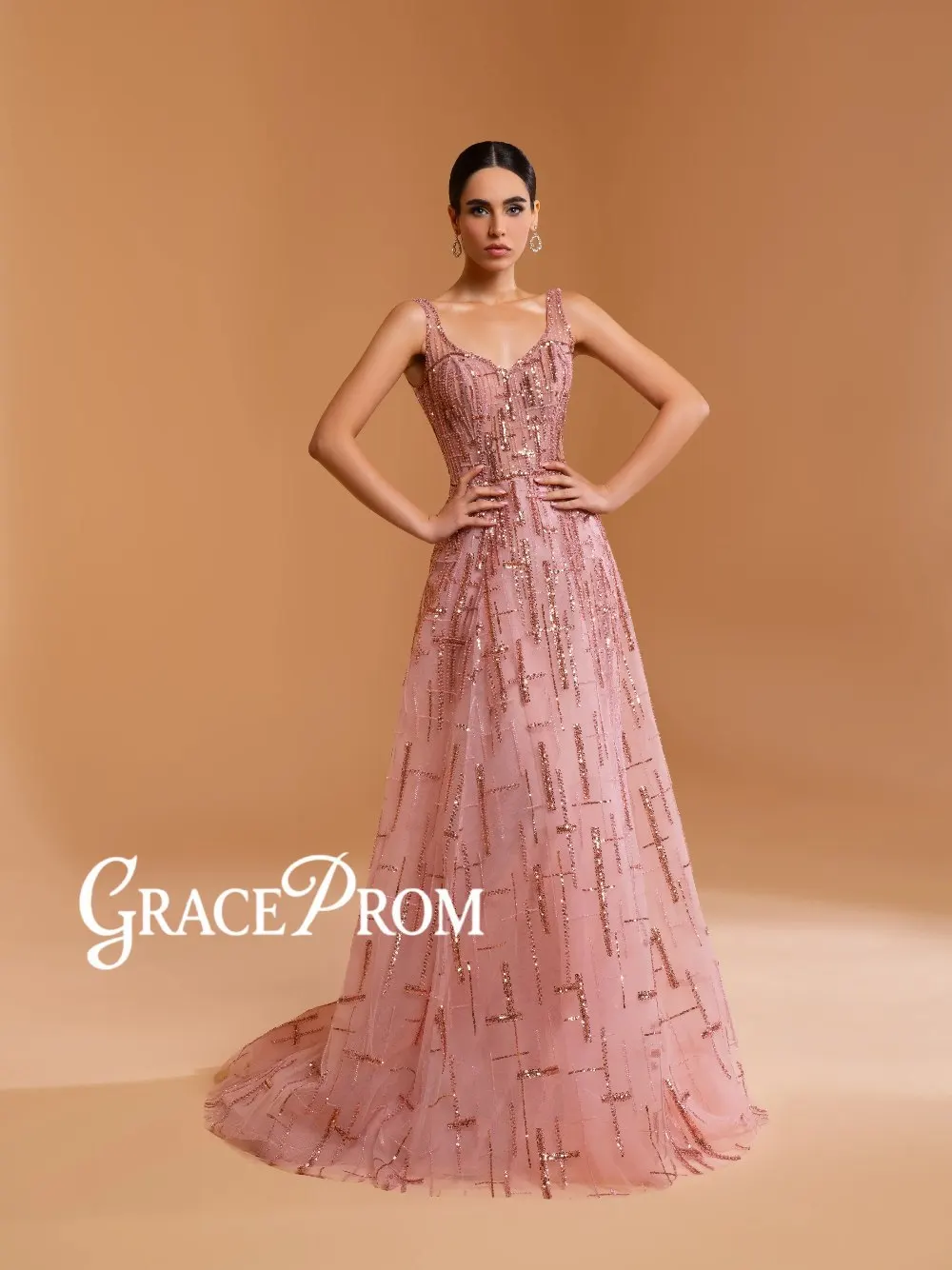 

Intricate Pink Golden Sparkling Evening Dress Elegant A Line Sheer Sleeveless Customized Prom Gown Gorgeous Backless Party Wear