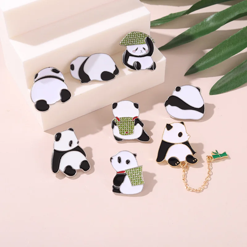 Cartoon Cute Animal Panda Enamel Pins Chain Pendant Panda Milk Tea Books Bamboo Alloy Brooch Badge Sweet Woman Jewelry Gift