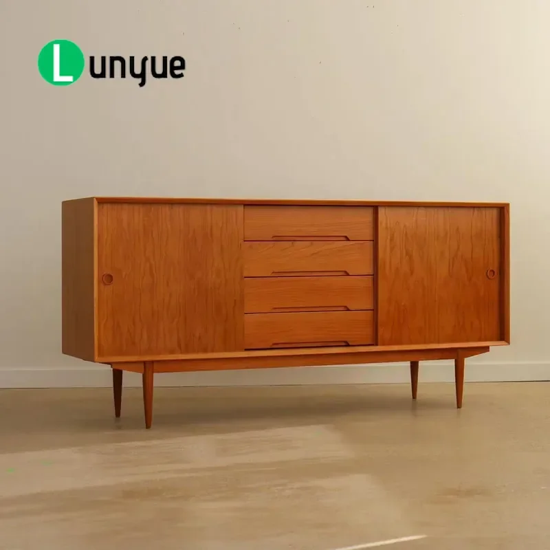 Nordic Cherry Wood Sideboard Medieval Style Solid Wood Dining Tea Cabinet with Drawer Storage for Living Room TV Console