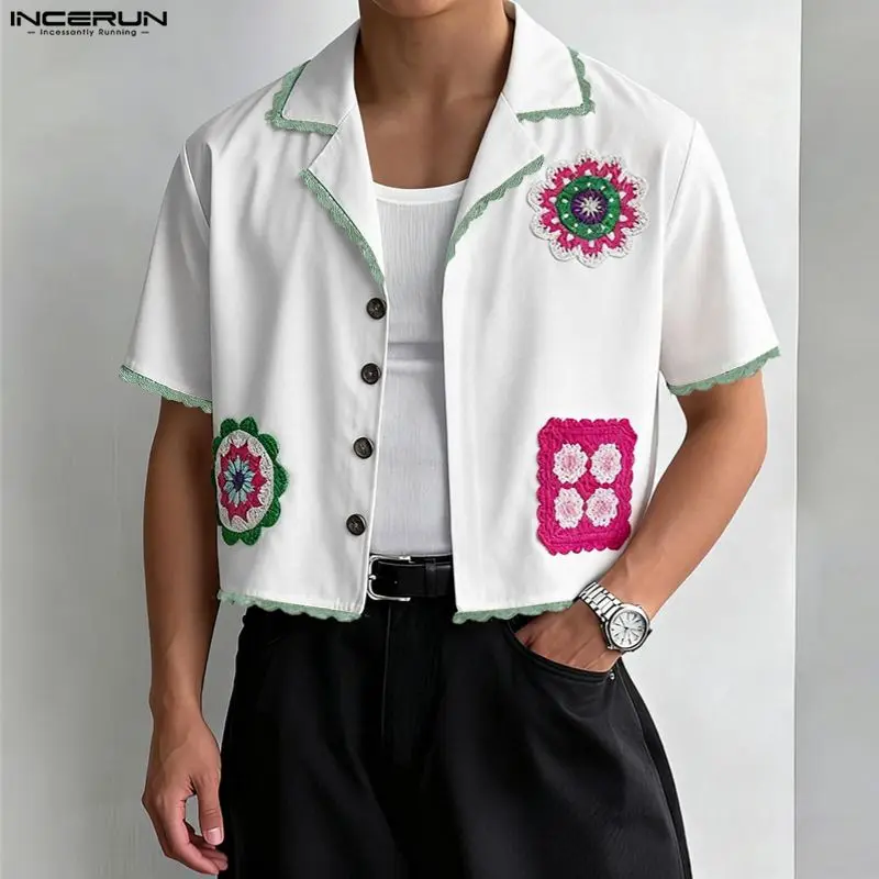 INCERUN Herrenhemd mit Druck, Spitzen-Patchwork, Revers, Kurzarm, Herren-Oberteil, Camisa, Streetwear, Locker, 2026, Stylisch, Lässige Herrenkleidung