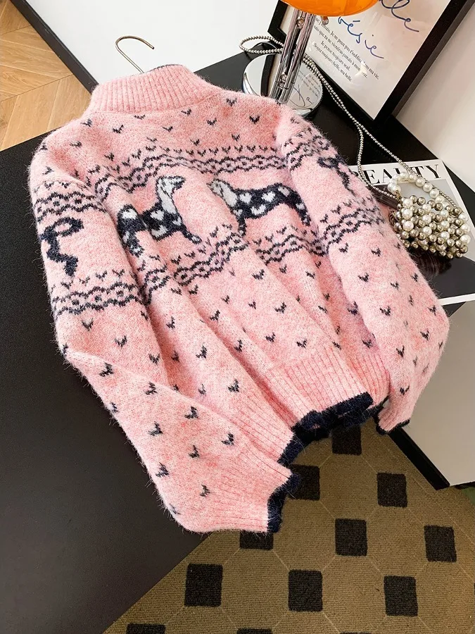 Cardigan aperto con motivo floreale lavorato a maglia dolce rosa Top Guangzhou Tredicesimo Fac Donna Autunno Inverno Camere Swe...