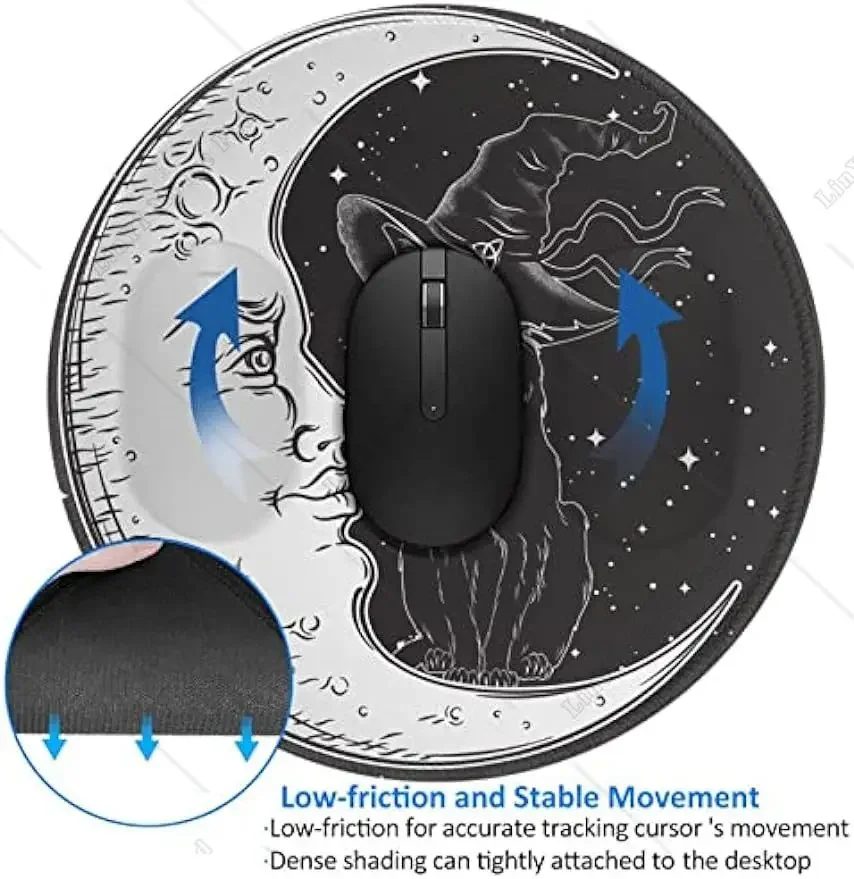 Black Cat Moon Funny Round Mouse Pad Premium Textured Mouse Mat Mousepads with Stitched Edges Non Slip Rubber Base 7.9 x 7.9 In