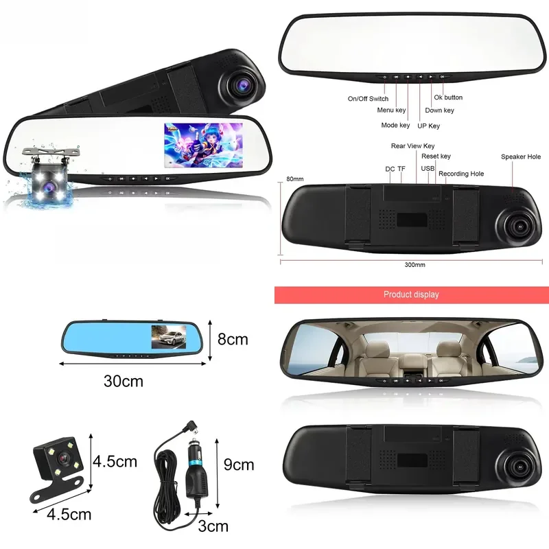 4.3INCH Car DVR Dual Lens Car Camera Full HD 1080P Video Recorder Rearview Mirror With Rear View DVR Dash Cam Auto Registrar