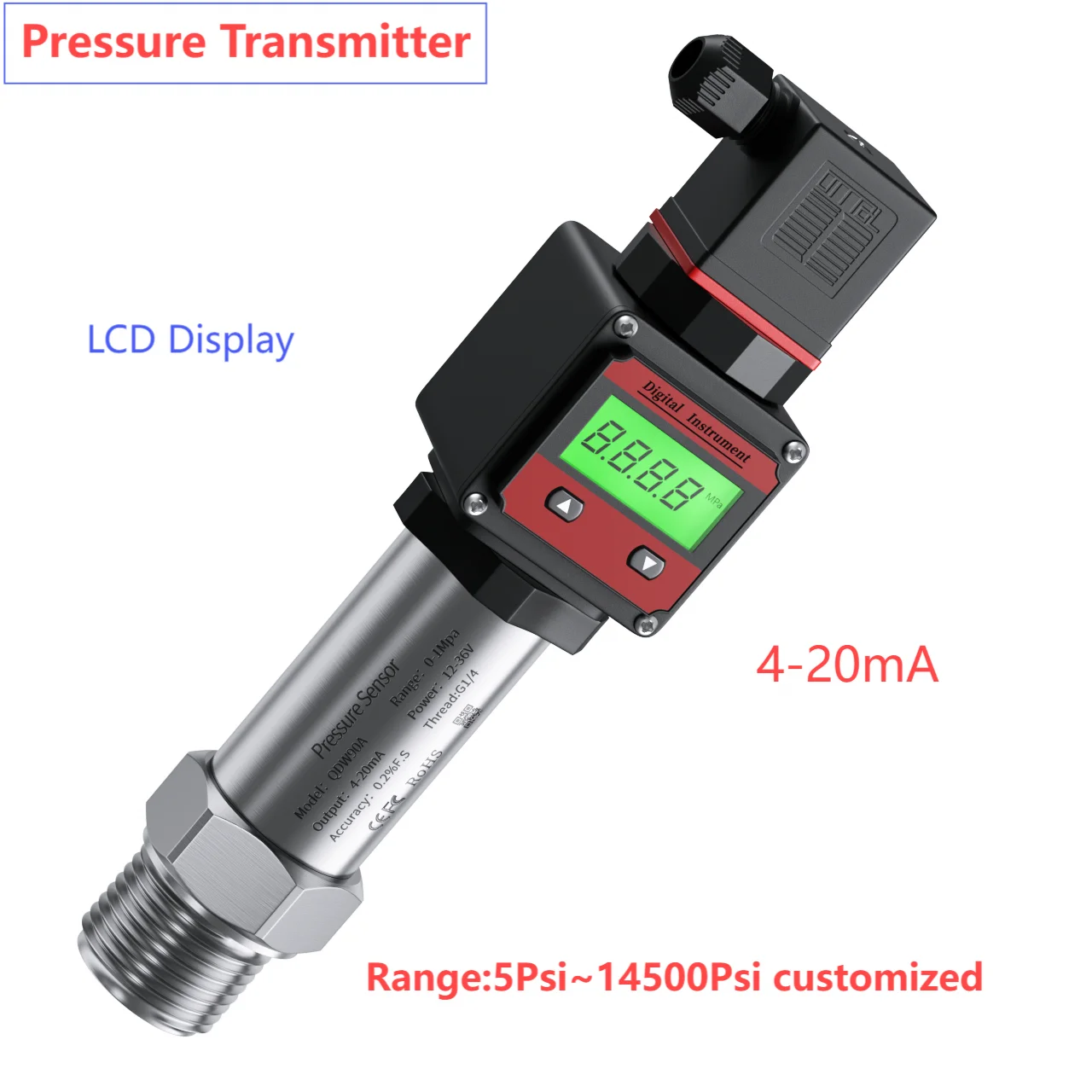 4-20mA LCD Hersman Pressure Sensor Transmitter 10Psi 100Psi 1000Psi 10000Psi Range G1/4 G1/2 NPT1/4 LCD Pressure Sensor