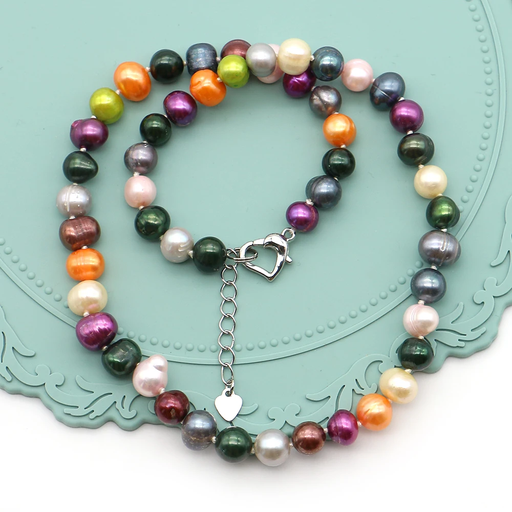8-9mm Mixed-Color Threaded Round Pearl Necklace Baroque Freshwater Pearls Heart Clasp Women's Jewelry For Fashionable Outfits