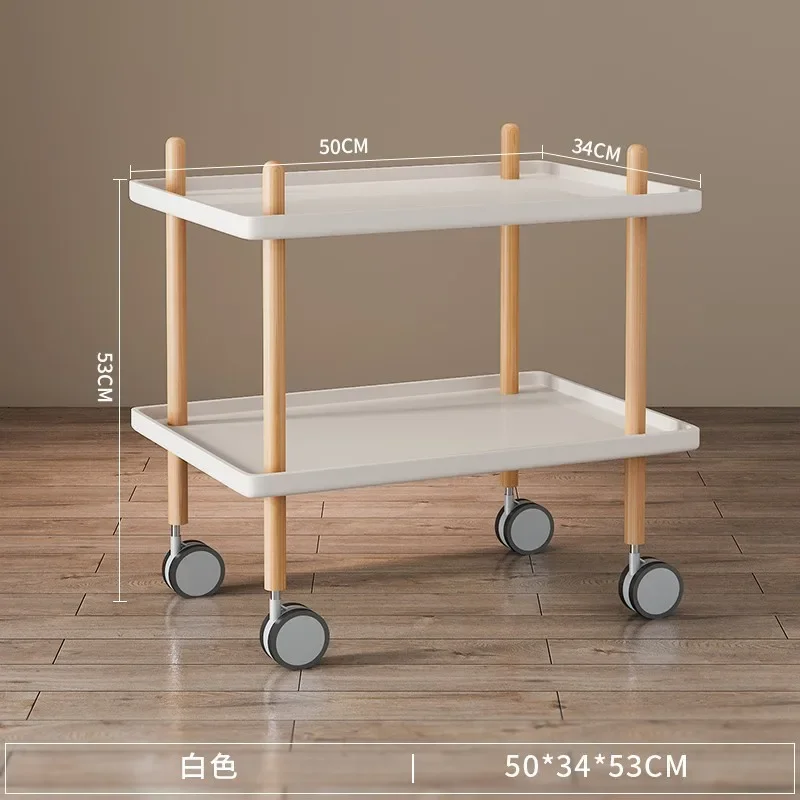 Carro móvil de estilo nórdico con rodillos para sala de estar, estante de almacenamiento móvil de 2 capas, carro de madera maciza multifunción para