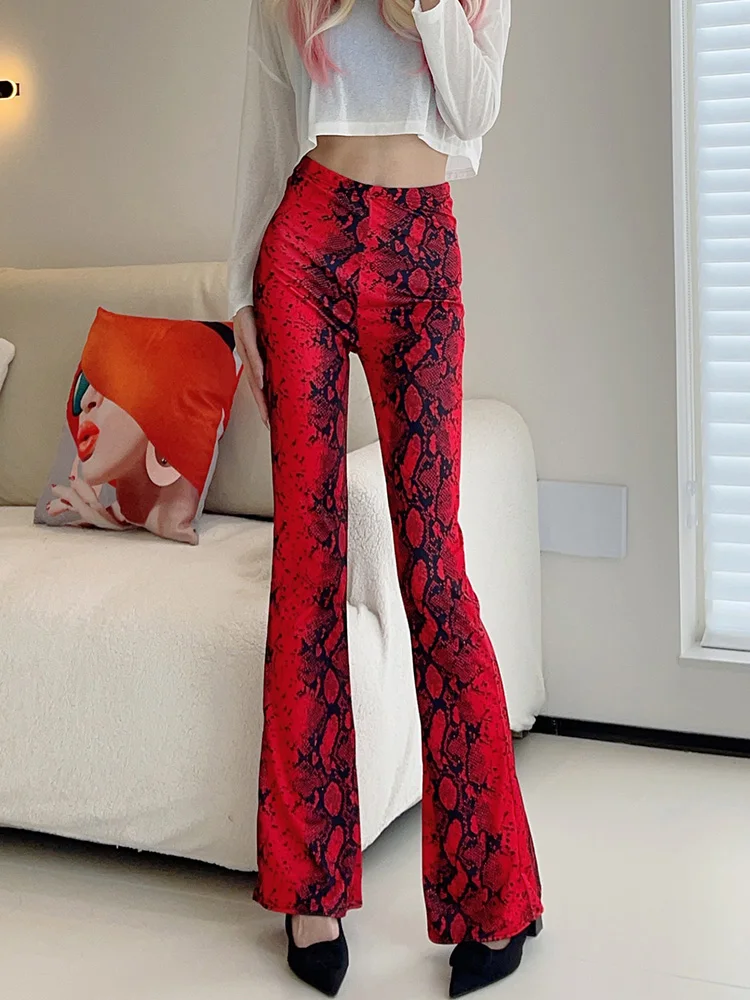 Pantaloni Bot a campana con stampa serpente sexy Pantaloni da donna sottili a vita alta dimagranti Pantaloni casual drappeggiati in misto poliestere