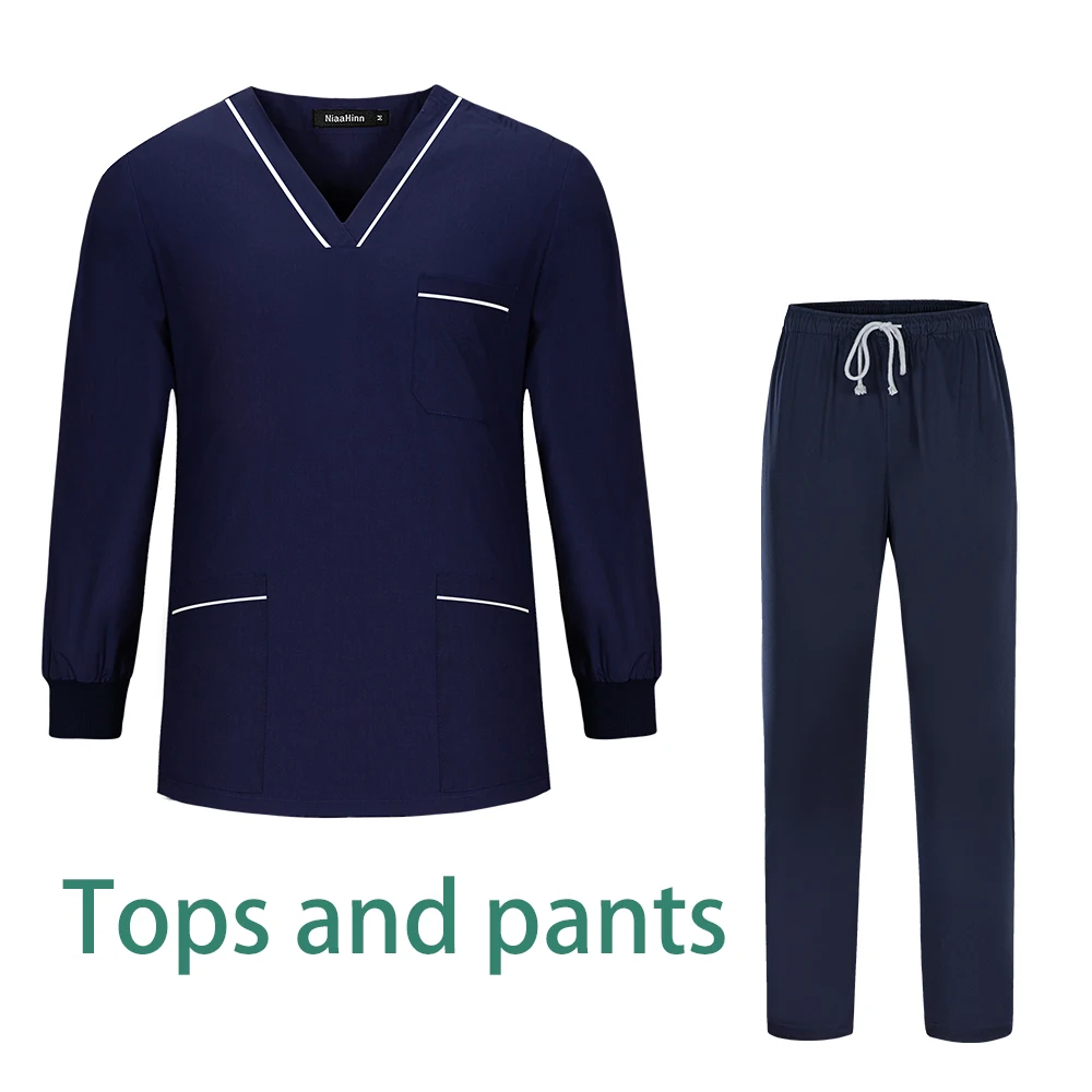 Abito a maniche lunghe in tinta unita unisex Lab Spa Abbigliamento da lavoro infermieristico Slim Scrub medico Uniforme Infermiera Dottore Abito chirurgico all'ingrosso