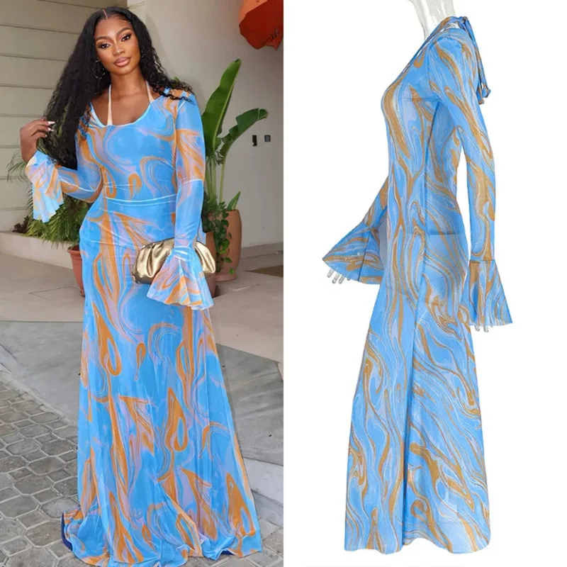 

2025 Elegant Women Maxi Dress Long Sleeve Retro Printed Flare Sleeve O Neck A-Line Bodycon Holiday Party Spring Summer Dresses
