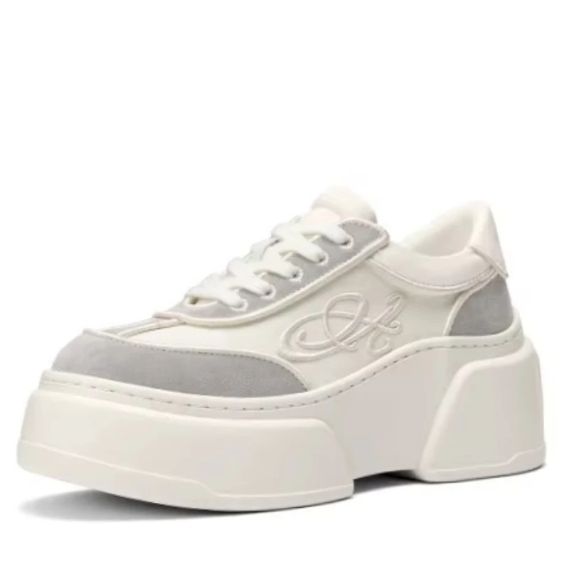 

Genuine Leather White Shoes Women's Embroidery Splicing Comfortable Thick Soled Height Increasing Shoes Breathable Casual Shoes
