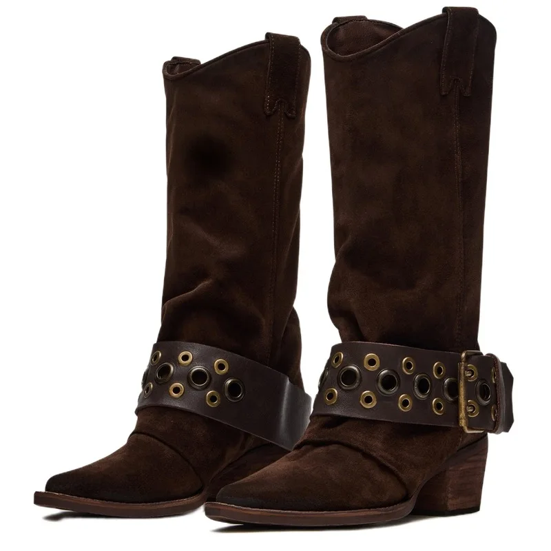 Botas de gamuza para mujer, de media caña, estilo western, con punta puntiaguda, tacón de bloque, con ojales, suela de goma, estilo retro vintage, calzado de invierno estilo cowboy F377