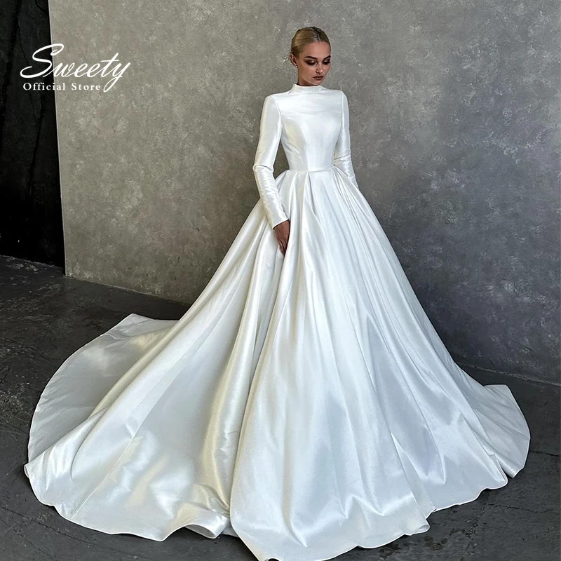 High-Neck Elegant Wedding Dress Soft Satin With A-Line Ballgown Full Sleeve Bridal Dress Back Zipper Vestido De Novia Customized