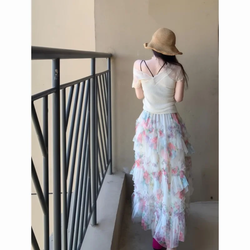 Romantic Dopaamine Painted Floral Net Skirt Slim Fit Top Heavy Design Casual Style High Waist Polyester Cake Skirt for Women