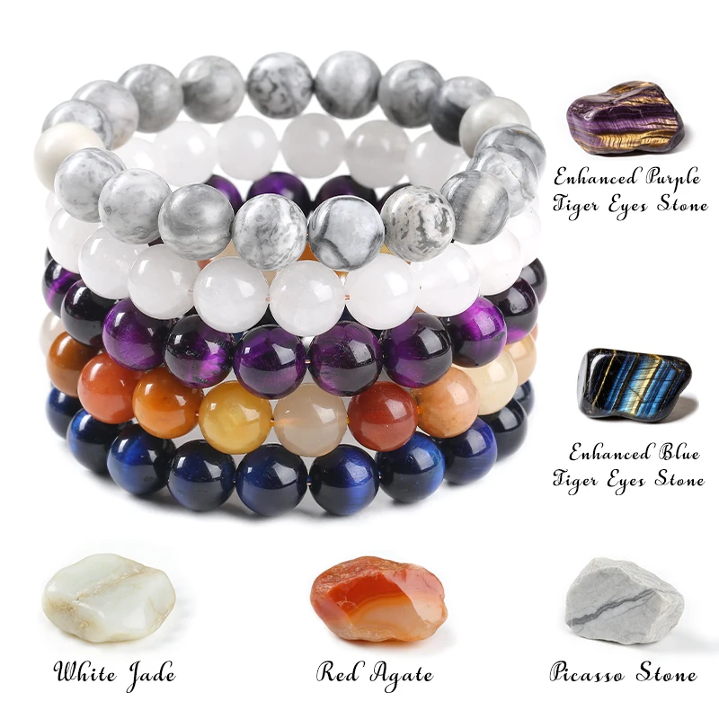 

JD Natural Stone Tiger Eyes Agate Jade Bracelet Women Man Fashion Round Stone Elegant Healing Strand Bangles Wristband Gifts