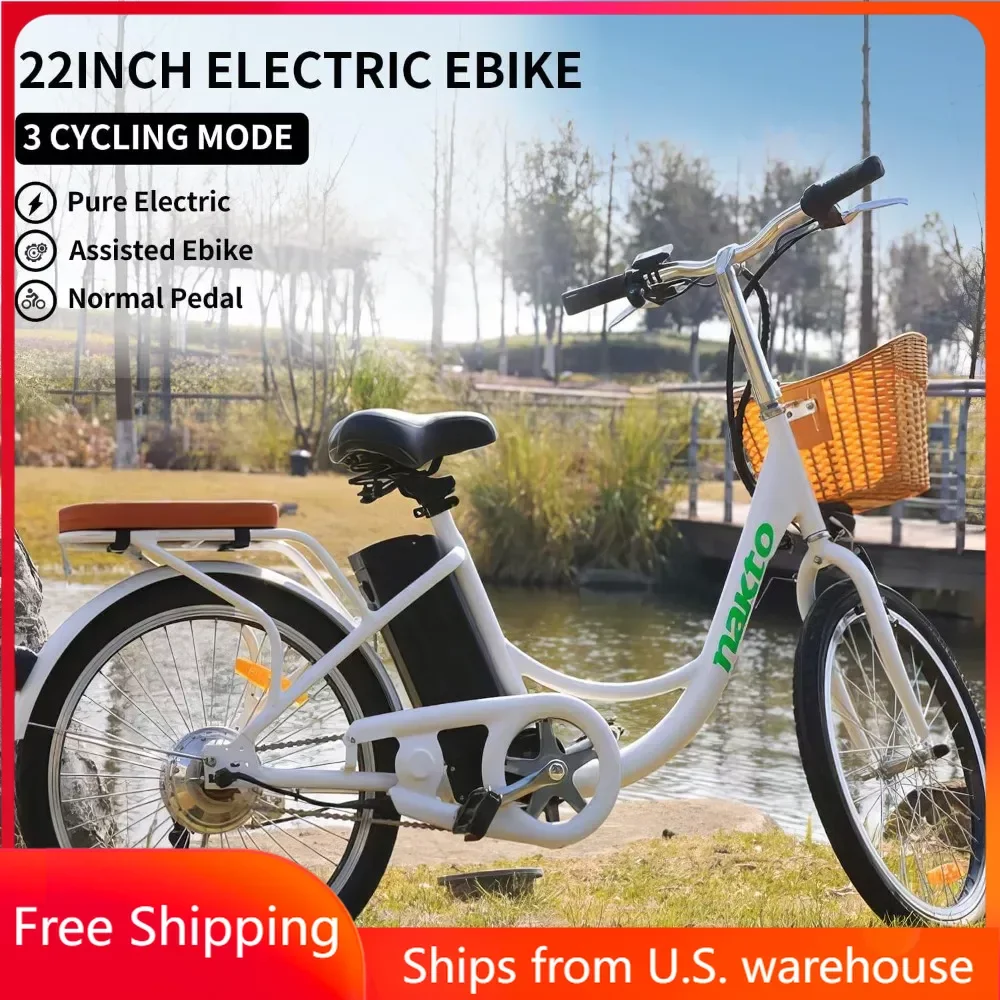 

NAKTO Electric Bike Bicycle 22MPH 45 Miles City Commuter Ebike Shimano 6-Speed Gear Electric Cruiser Bike with Basket Cooter